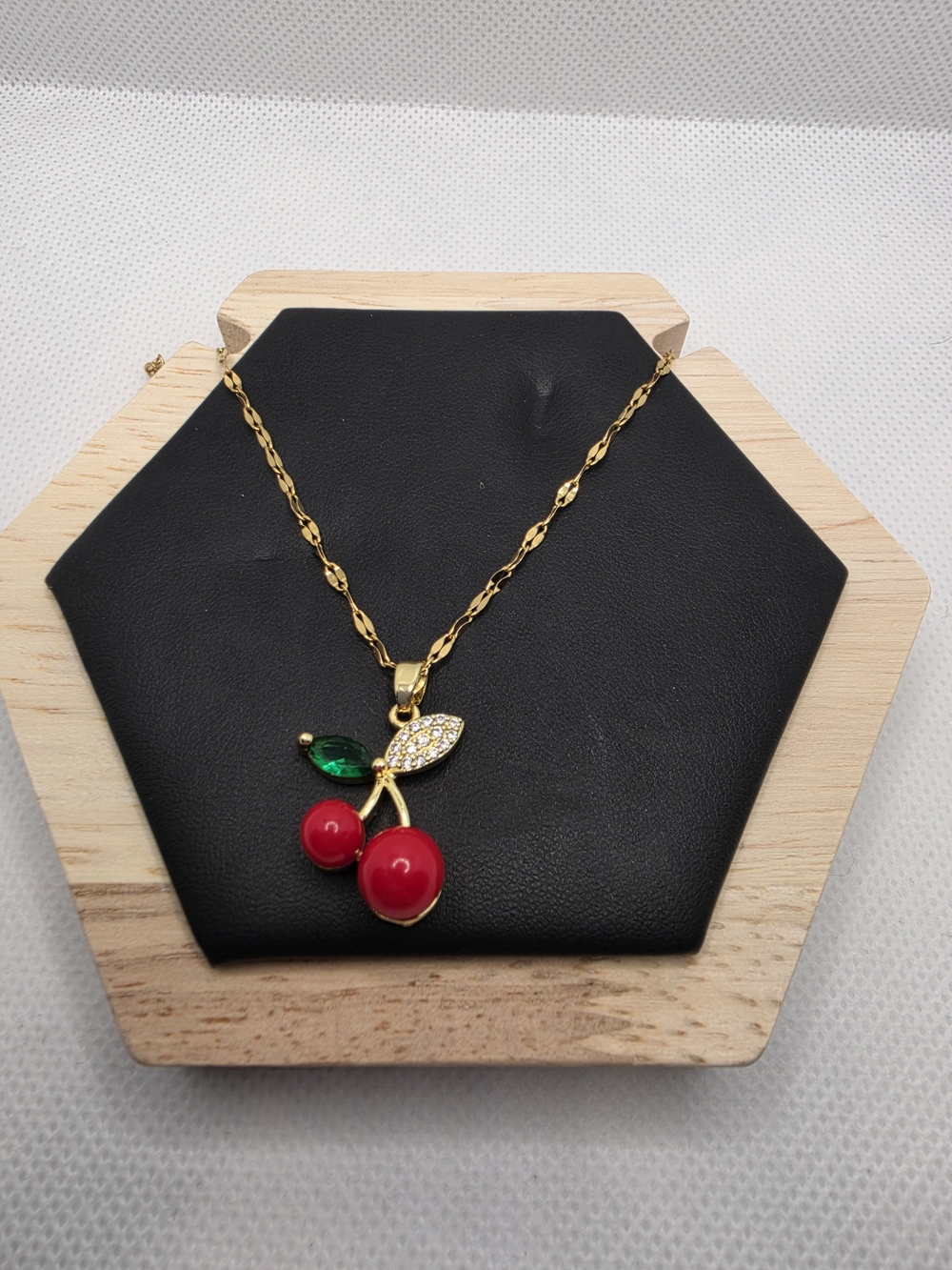 Gold Plated Cherry Pendant Necklace with Red and Green Accents